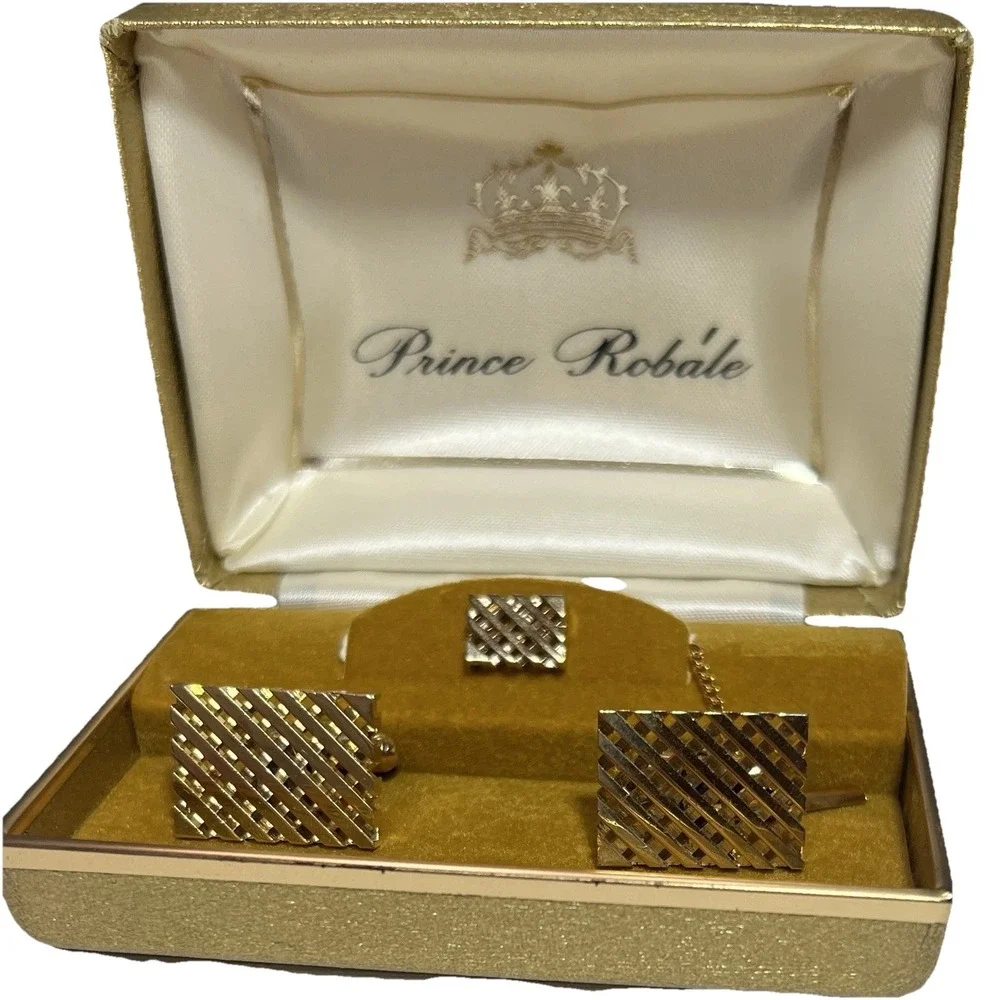 Men's Vintage New In Box Prince Robale Timeless Gold Tone Cuff Links & Tie‎ Pin
